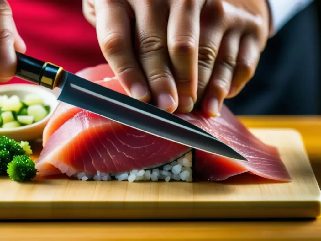 Un chef de sushi corta atún fresco en detalle, mostrando la precisión en la creación de esta delicia japonesa