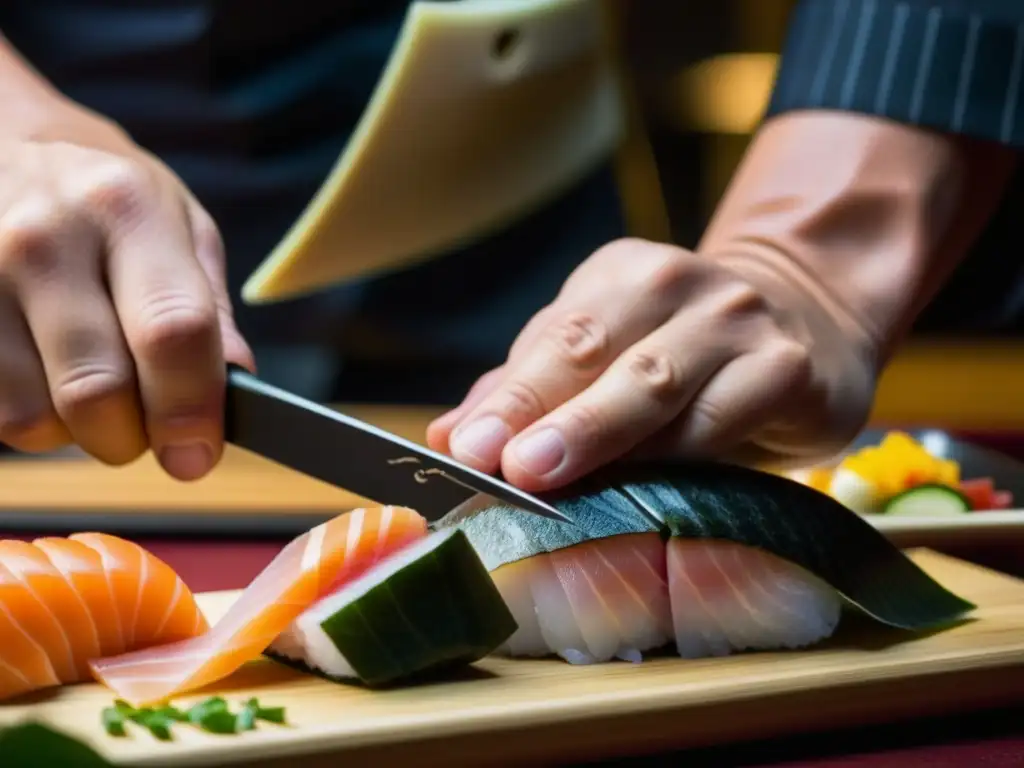 Un chef de sushi corta con precisión sashimi fresco, reflejando la Filosofía Zen en la gastronomía