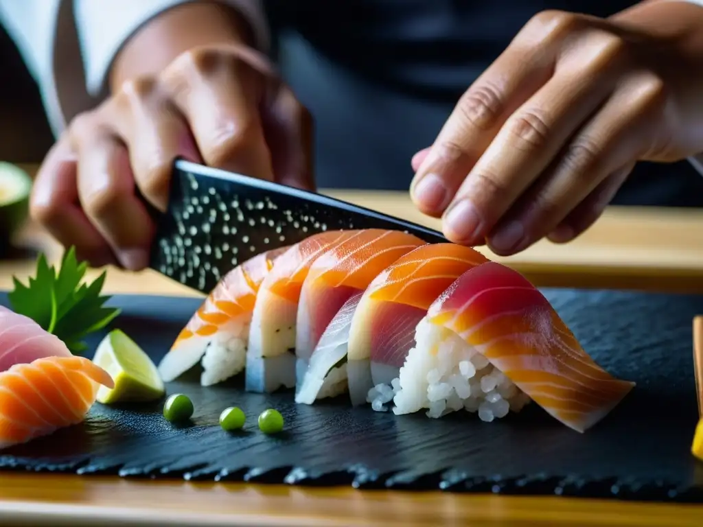 Un chef de sushi corta una pieza fresca de sashimi con influencia Zen en técnicas culinarias japonesas