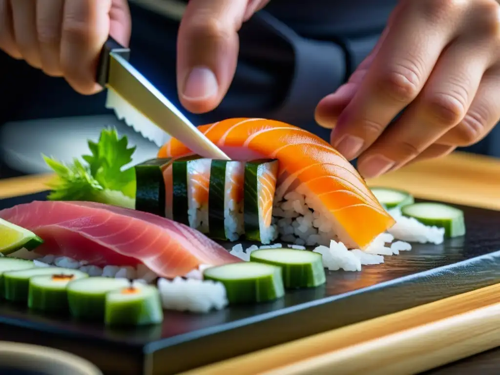 Un chef de sushi corta con precisión un sashimi fresco, resaltando la delicada artesanía de la cocina japonesa