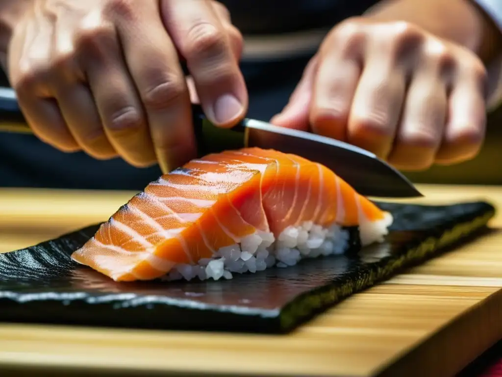 Un chef de sushi corta con precisión un salmón fresco en un moderno izakaya, fusionando historia e innovación gastronómica japonesa