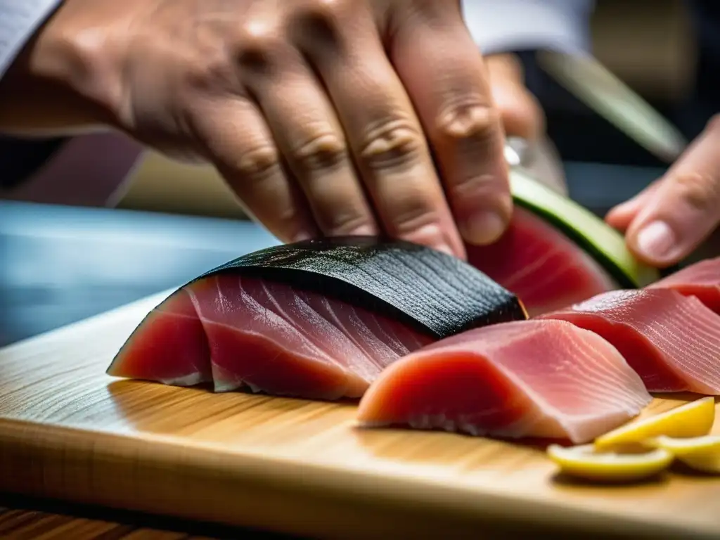 Un chef de sushi experto corta maguro con precisión, reflejando la influencia japonesa en gastronomía histórica