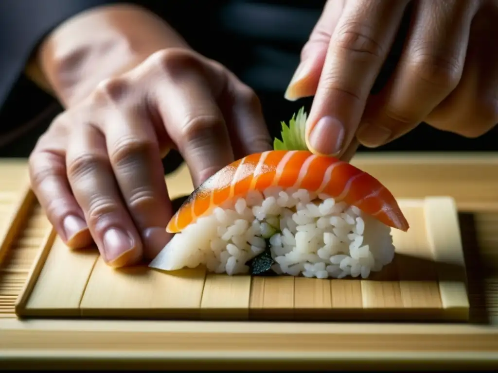 Un chef de sushi experto crea nigiri con precisión, mostrando la Historia del sushi desde Edo