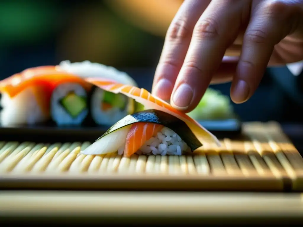 Un chef de sushi experto creando una pieza de nigiri con precisión y arte