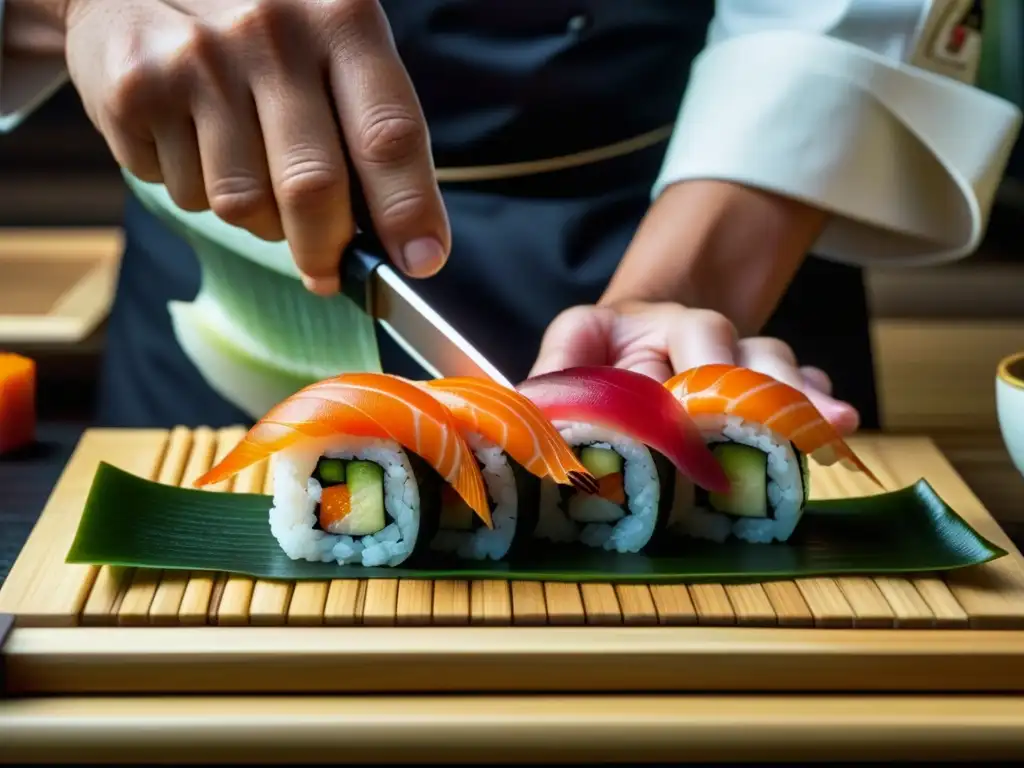 Un chef de sushi experto en Edo crea con precisión una pieza de sushi