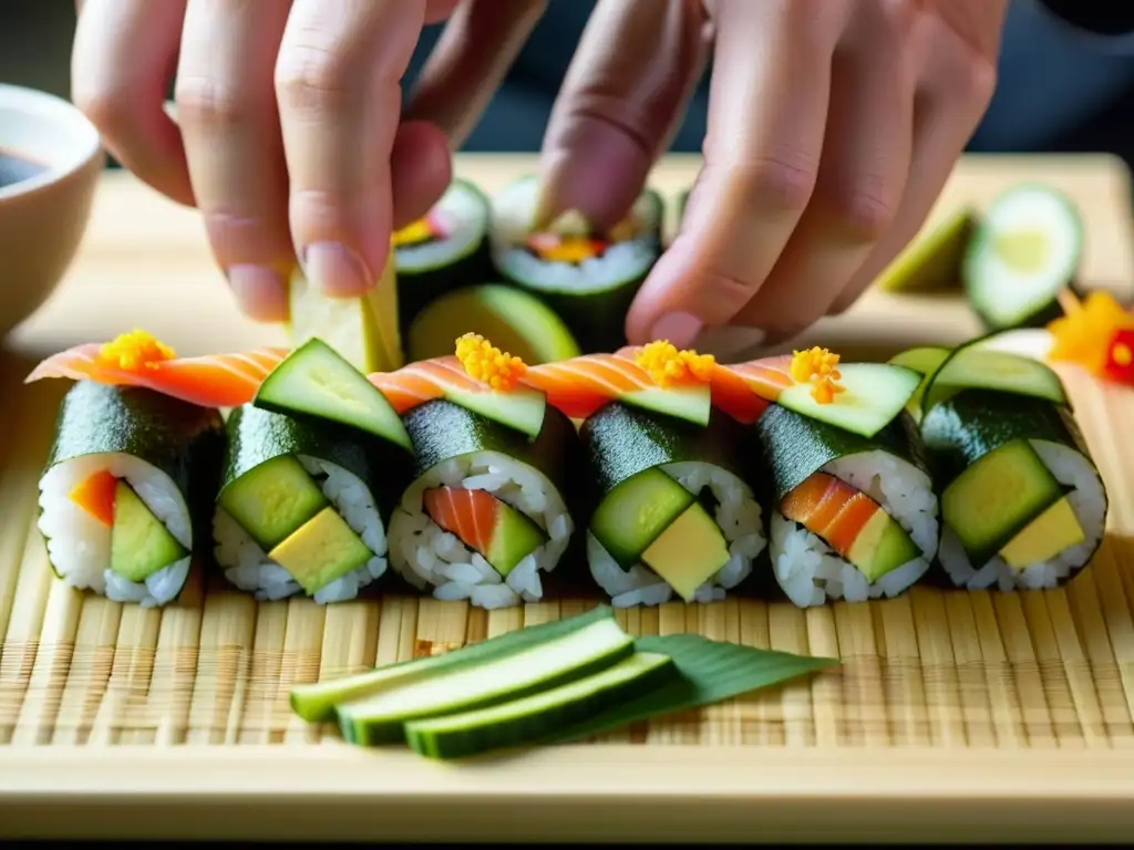 Un chef de sushi experto crea un rollo con detalle y destreza, capturando la transformación de la cocina japonesa en la era moderna