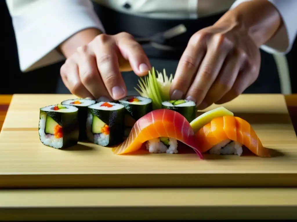 Un chef de sushi experto elaborando un rollo innovador con ingredientes frescos y coloridos, en una representación de la evolución del sushi desde Edo