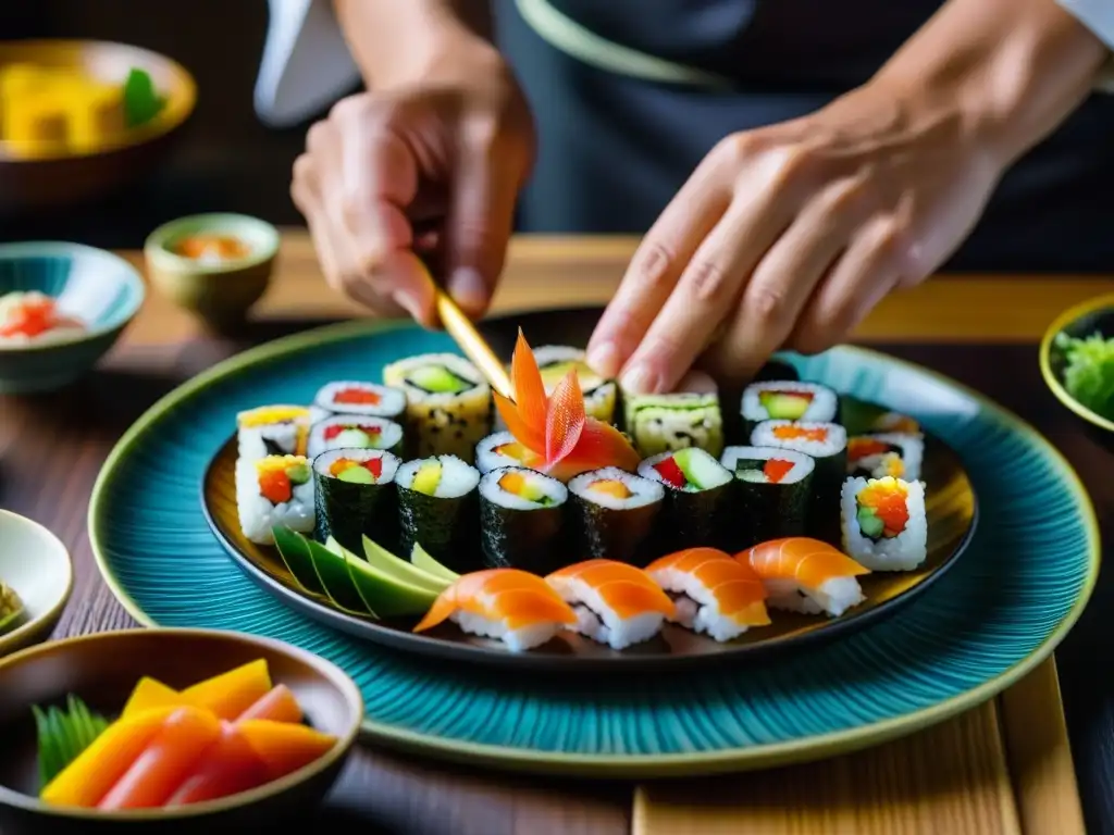 Un chef de sushi experto crea rollos de sushi coloridos con destreza, mostrando la cultura y las recetas históricas de épocas pasadas