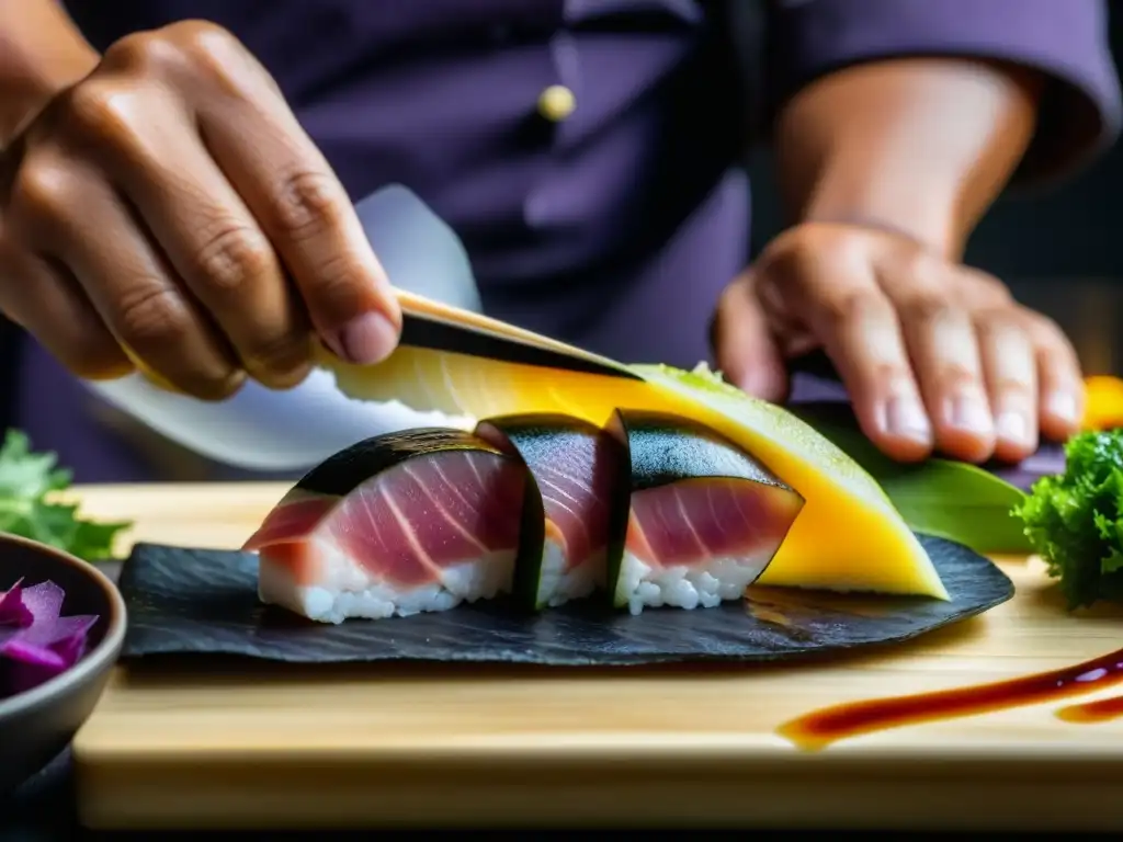 Chef fusionando técnicas culinarias: Sashimi de jurel sobre papas moradas Un chef de sushi coloca con precisión un trozo de sashimi de jurel sobre papas moradas, con salsa de yuzu