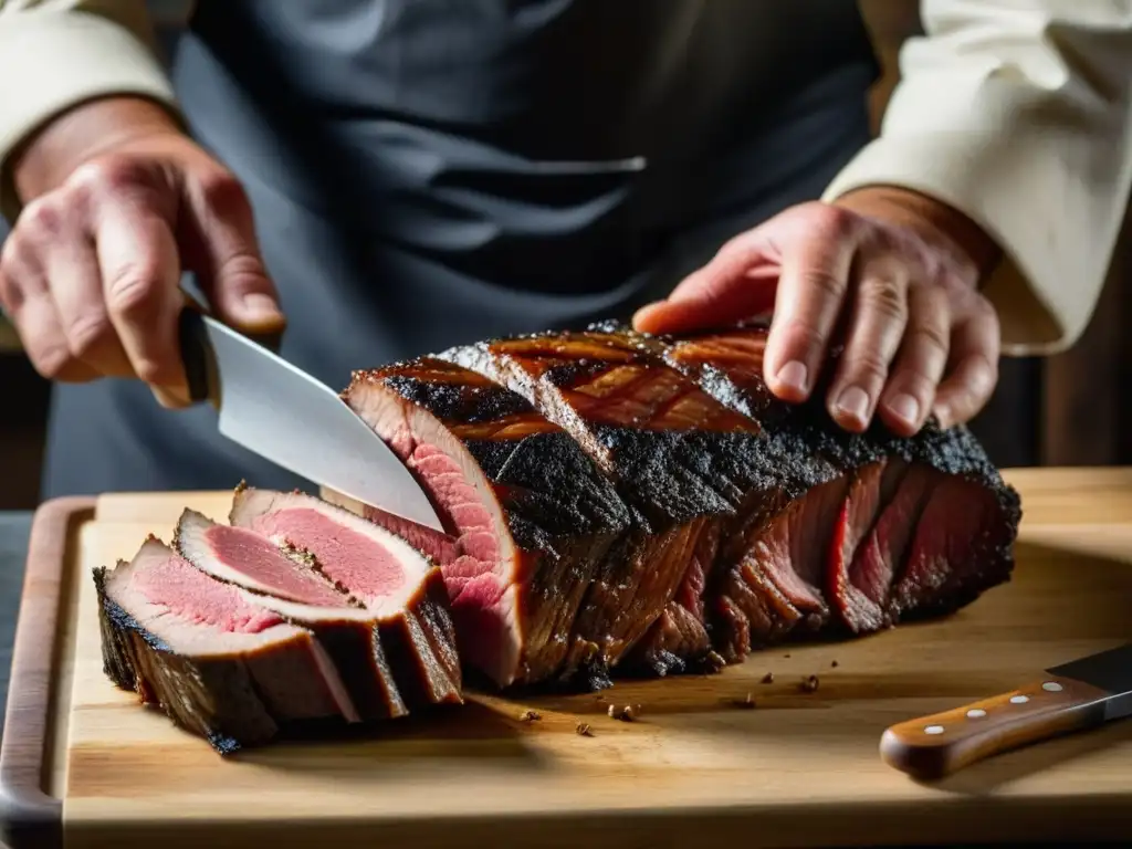 Un chef hábil talla carne ahumada en una cocina rústica de la Patagonia, mostrando la conservación de alimentos con técnicas ancestrales