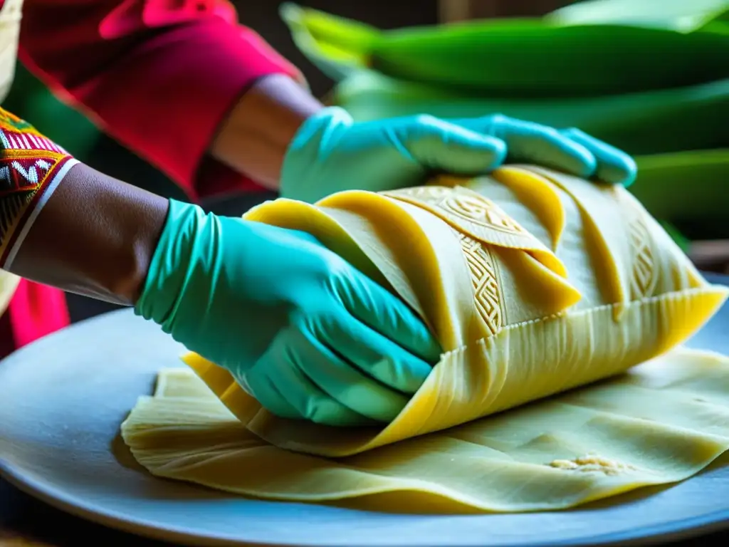 Un chef hábil crea un tamal azteca tradicional, mostrando la evolución tamales precolombinos cocina Azteca