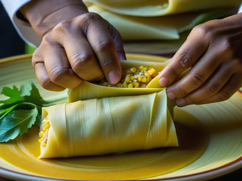 Un chef elabora un tamal fusionando ingredientes europeos e indígenas, resaltando la influencia europea en la cocina colonial americana