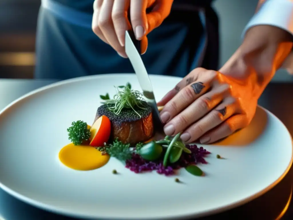 Un chef con tatuajes de herramientas culinarias detalla un plato de Cocina Americana Moderna Época Dorada