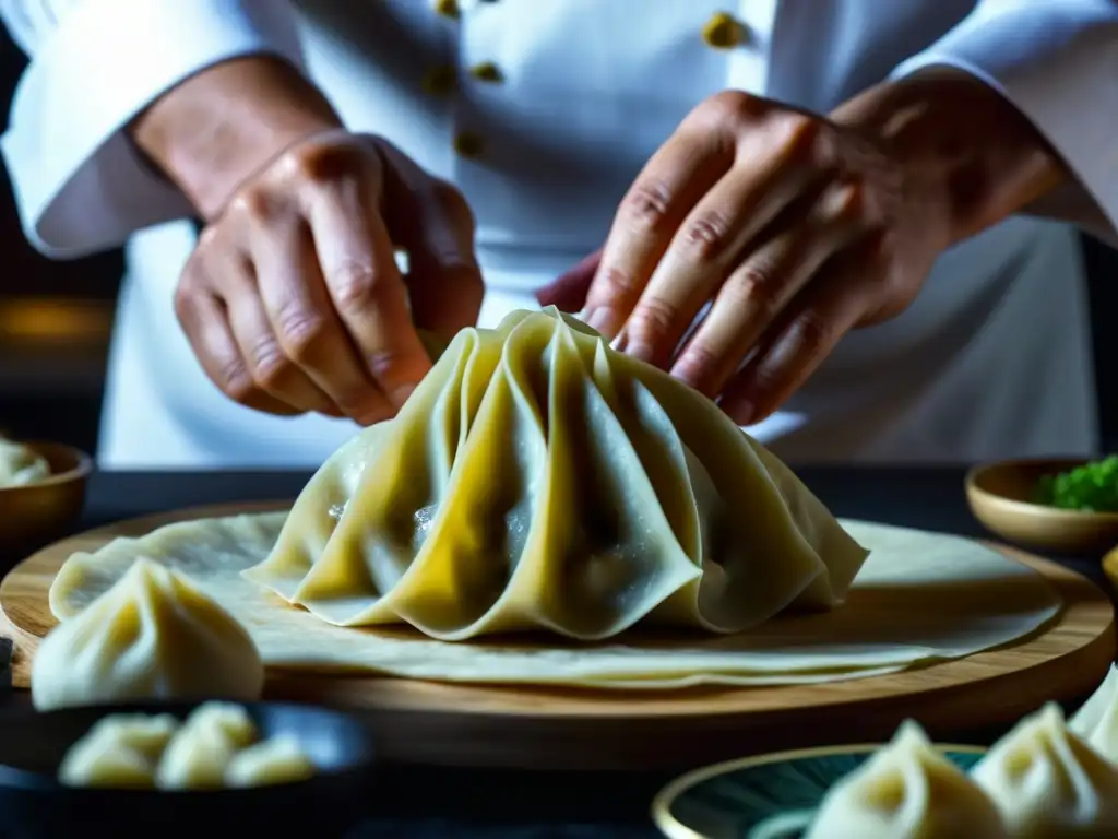 Un chef hábil adopta técnicas culinarias asiáticas al doblar meticulosamente dumplings, fusionando tradiciones culinarias en una imagen impresionante