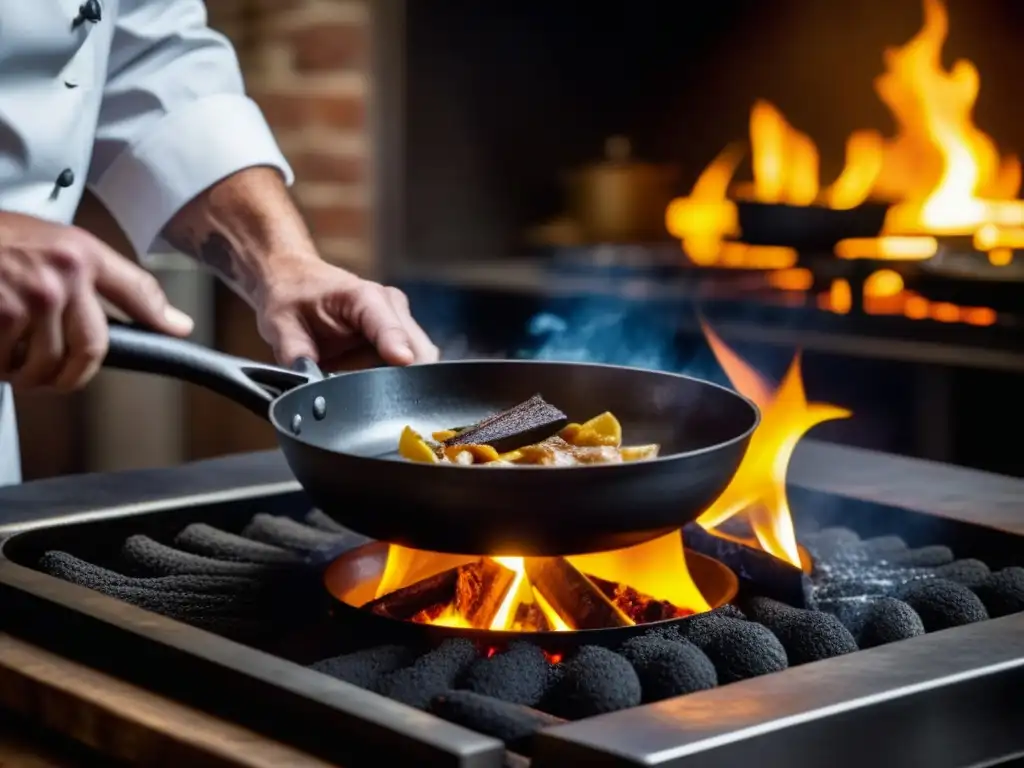 Un chef utiliza técnicas culinarias revolucionarias era industrial con un sartén de hierro sobre fuego