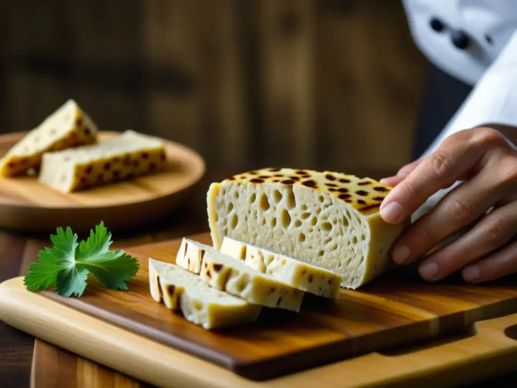 Chef cortando tempeh en detalle, resaltando beneficios del tempeh en recetas históricas