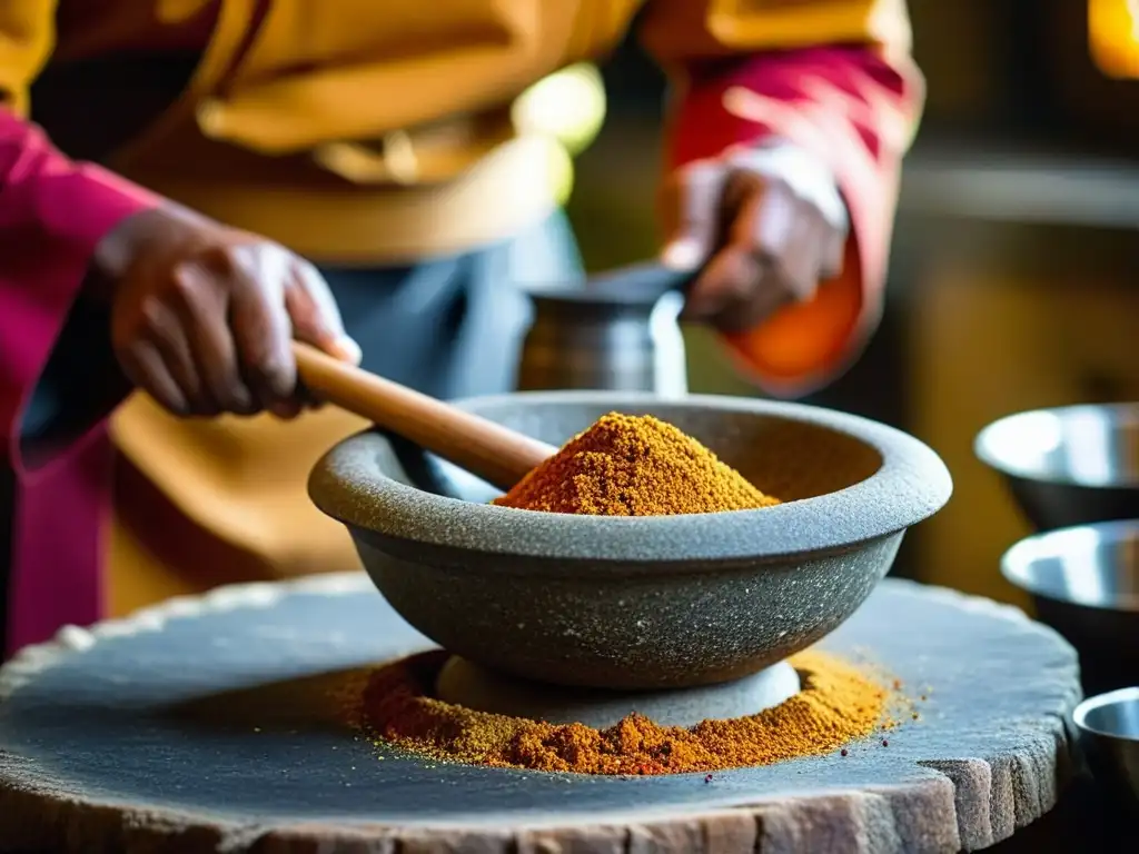 Chef en templo sur Asia, moliendo recetas sagradas con especias vibrantes en mortero de piedra