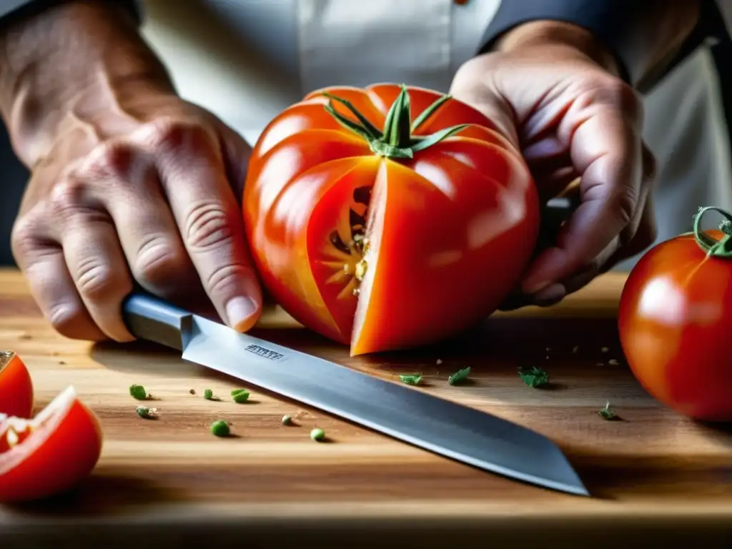 Un chef corta elegantemente un tomate rojo vibrante sobre tabla de madera, destacando la influencia de ingredientes europeos en la cocina sudamericana