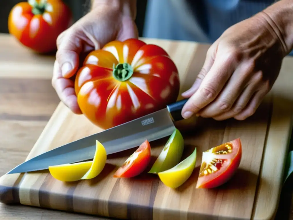 Un chef cortando tomates orgánicos en una tabla de madera, con luz natural