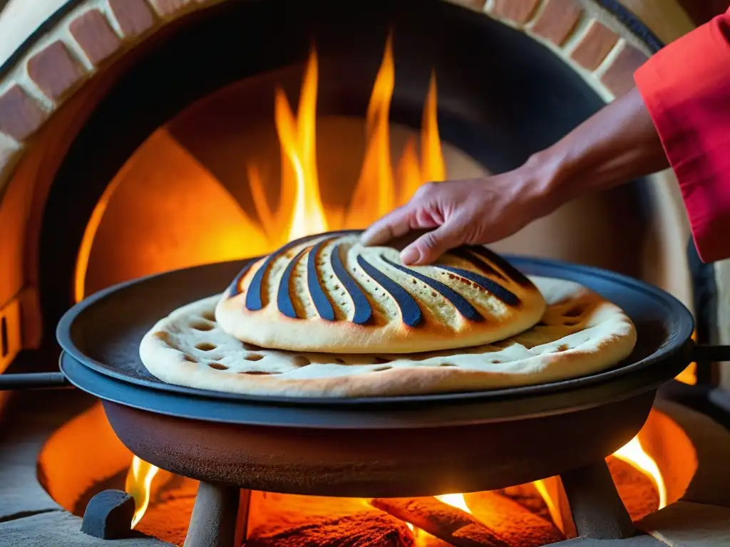 Chef fusionando tradiciones culinarias: horno tandoor, fuego y pan naan