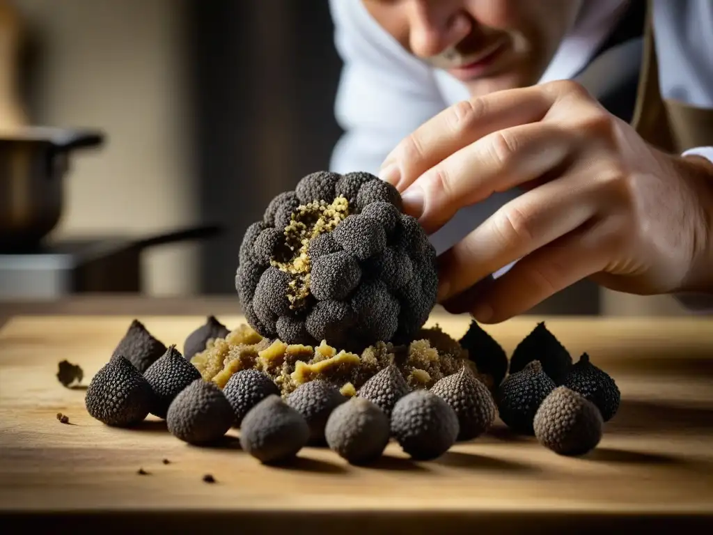 Un chef examina una trufa recién cosechada en una cocina rústica