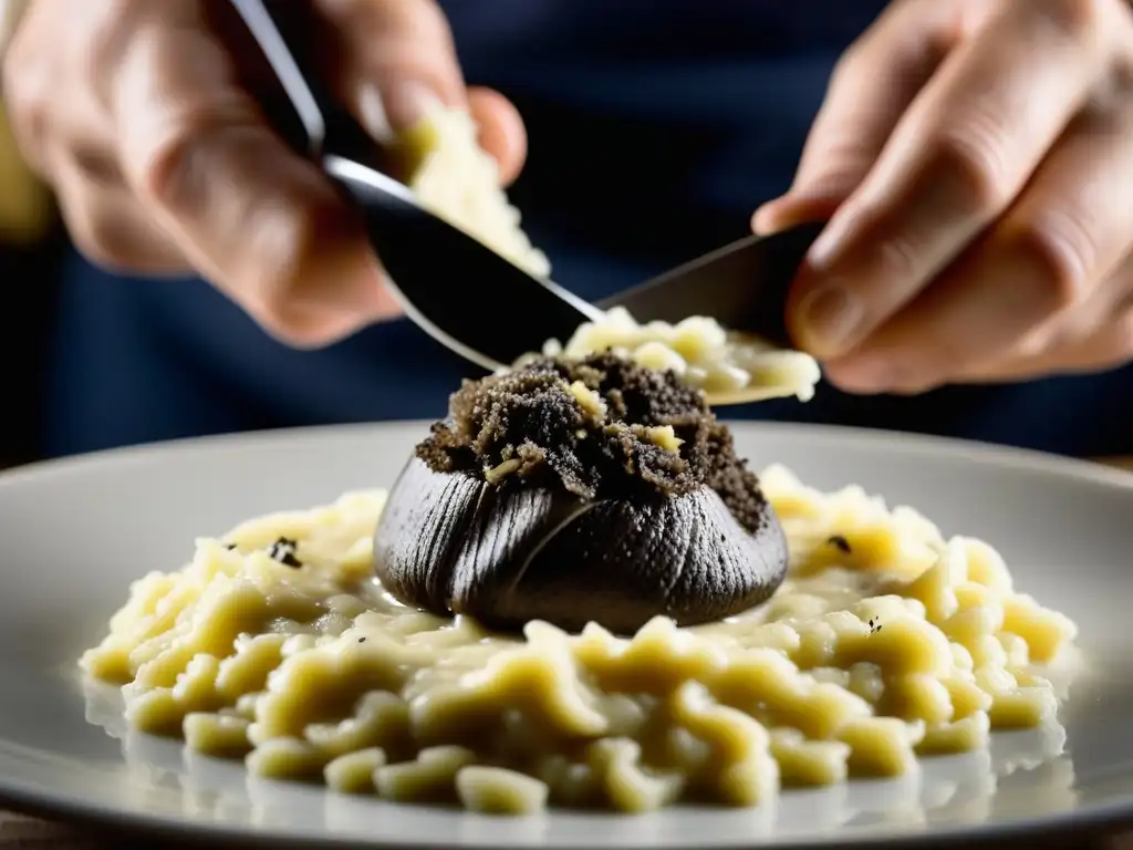 Chef rallando una trufa fresca sobre risotto cremoso