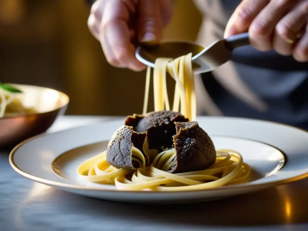 Exquisita trufa: lujo culinario en cocina aristocrática Un chef delicadamente rallando una trufa sobre pasta en una lujosa cocina europea