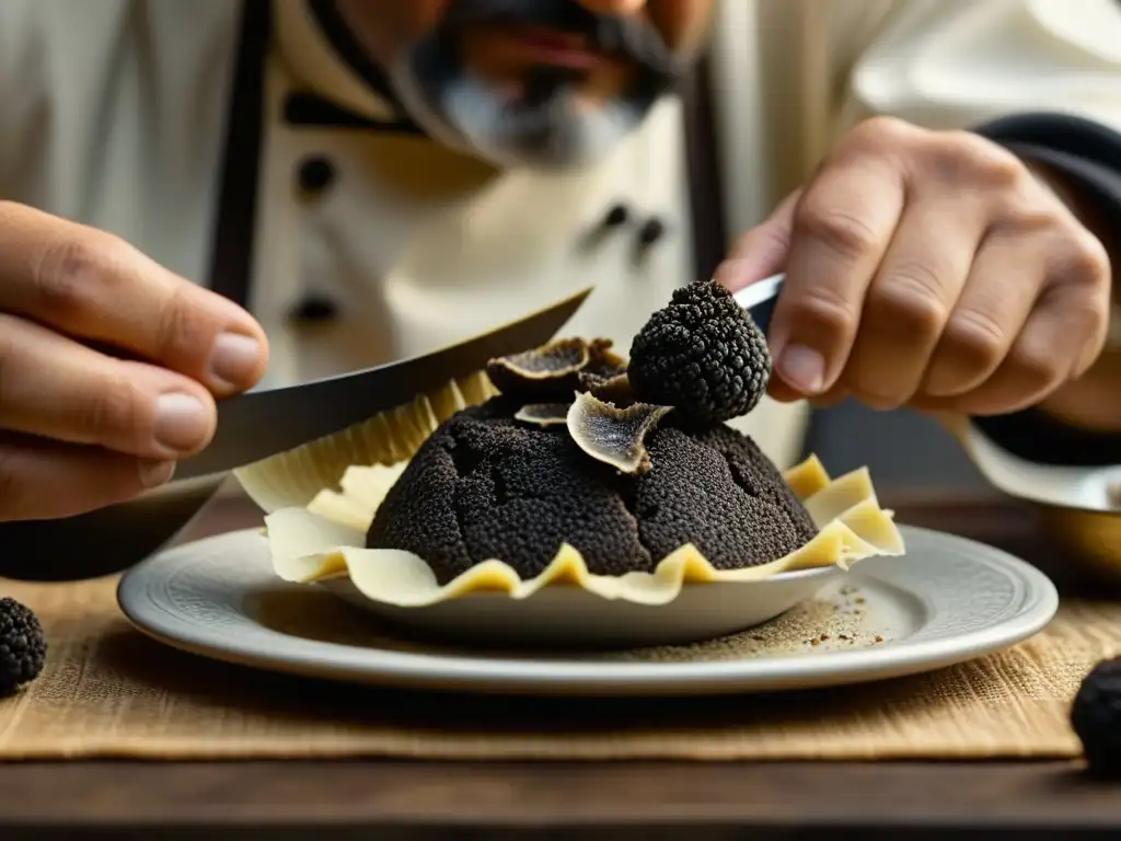 Chef cortando trufas sobre plato medieval, mostrando patrones y texturas