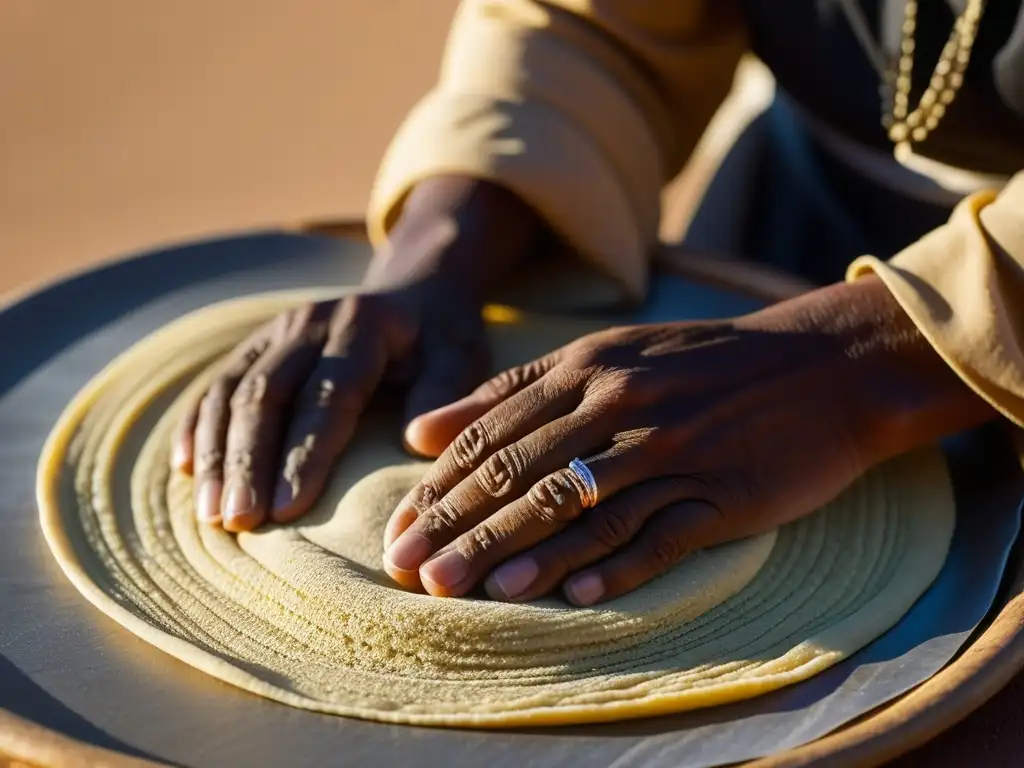 Un chef tuareg experto en el Sahel africano moldea con destreza finas capas de masa de mijo bajo el sol sahariano