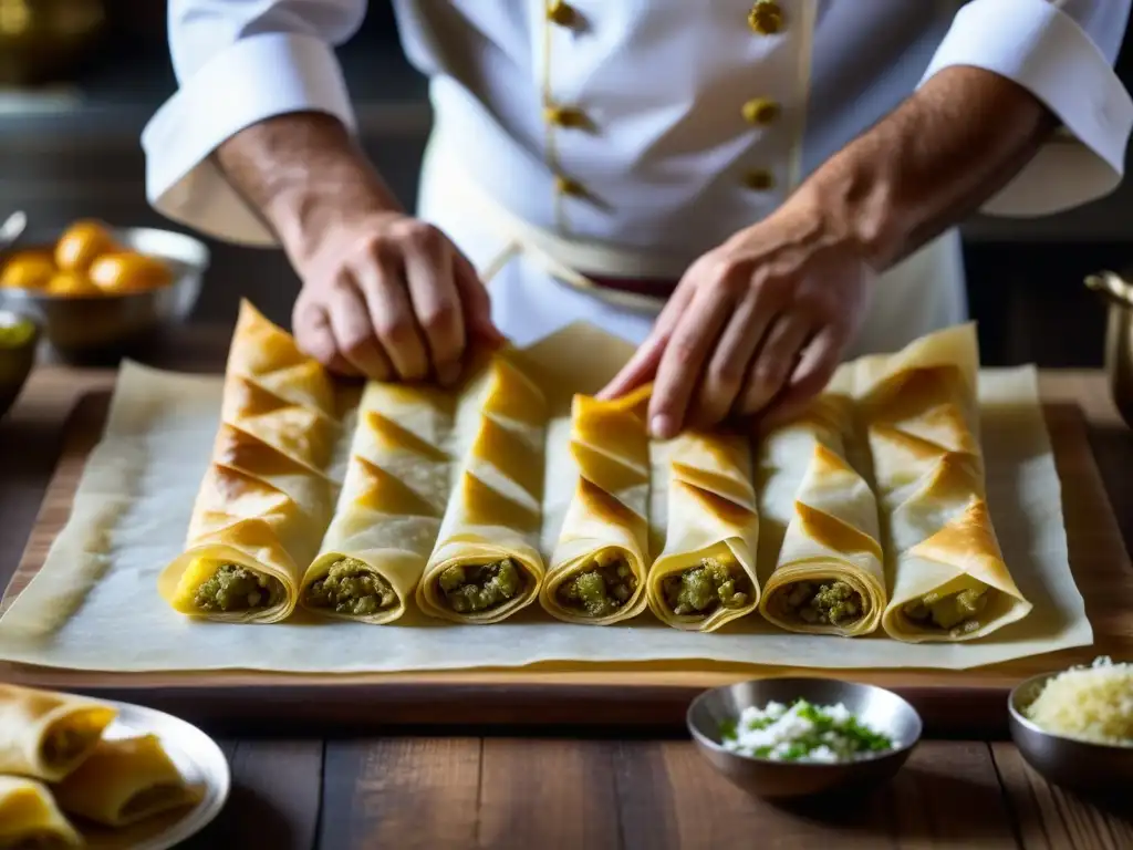 Un chef turco experto elaborando con precisión baklava en una cocina tradicional turca