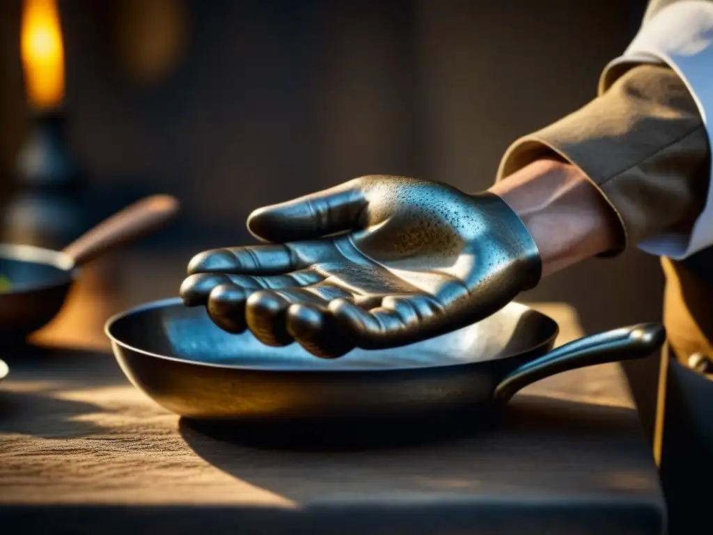 Un chef delicadamente maneja un utensilio de cocina antiguo, resaltando su patina y grabados, con luz suave