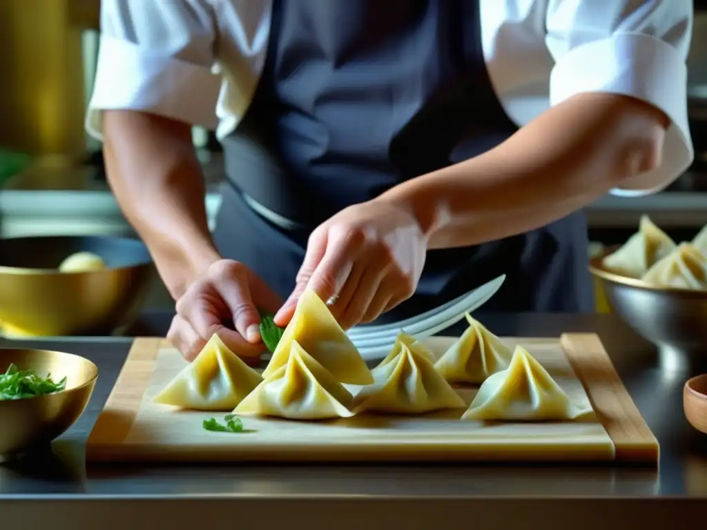 Un chef veneciano experto en la influencia asiática cocina veneciana, dobla con destreza wontons, en una fusión culinaria cautivadora