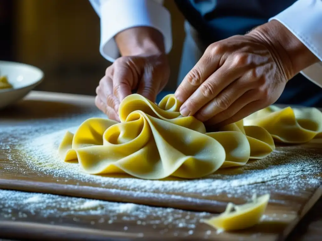 Un chef veneciano plegando pasta fresca con influencia asiática