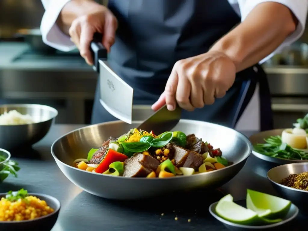 Un chef veneciano prepara un plato con influencia asiática en una cocina bulliciosa