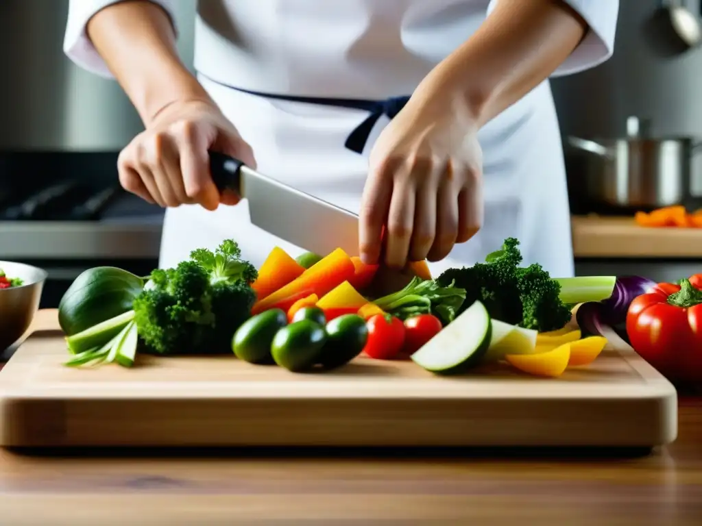 Un chef corta hábilmente verduras coloridas sobre una tabla de madera