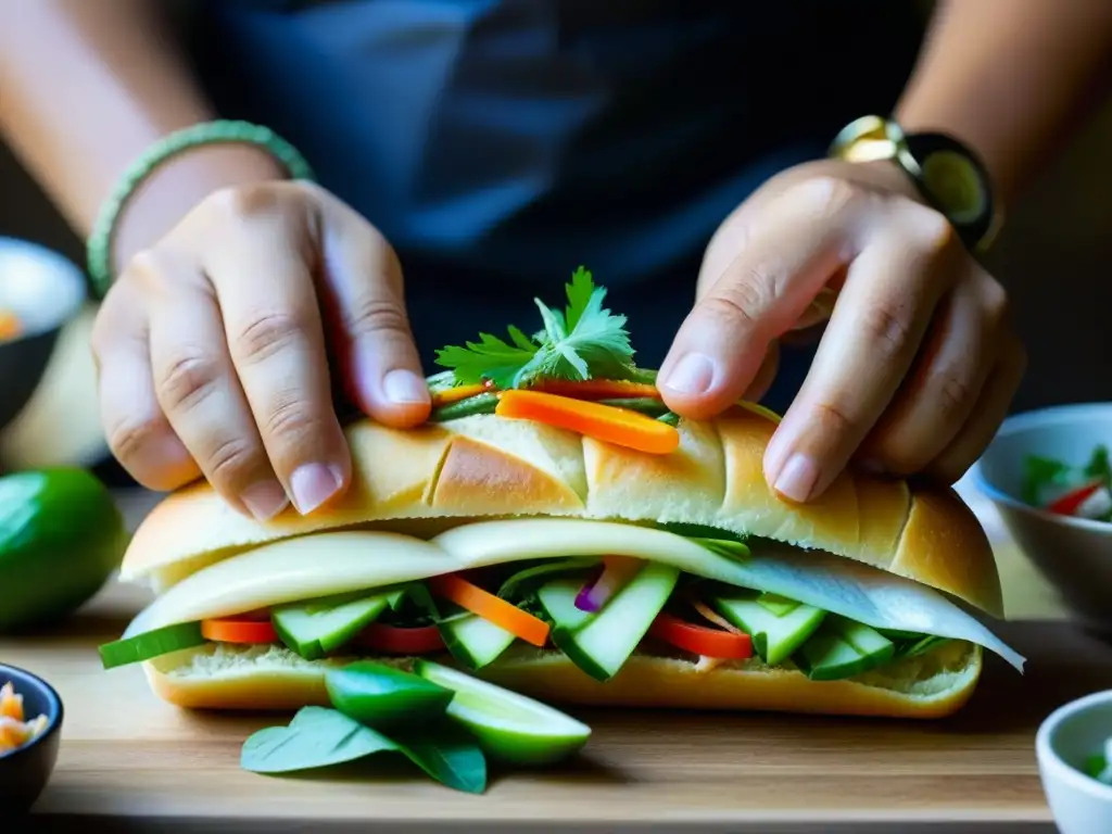 Un chef vietnamita envuelve un banh mi con detalle, mostrando recetas históricas cocina vietnamita