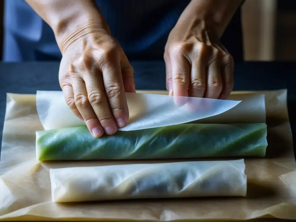 Un chef vietnamita experto enrolla con destreza papel de arroz para rollitos primavera