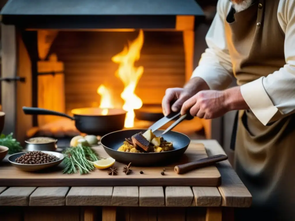 Un chef vikingo preparando un banquete en una cocina rústica, destacando la autenticidad de la tradición culinaria vikinga