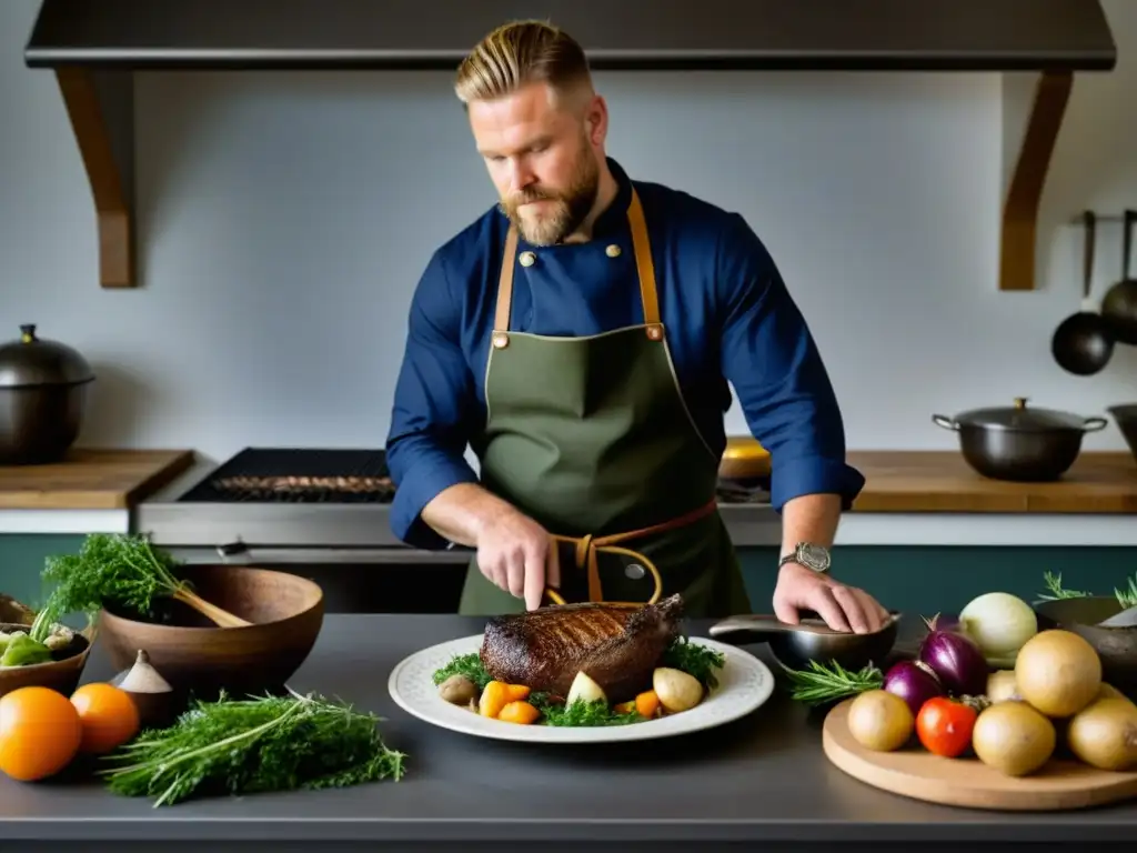 Chef vikingo en cocina moderna recrea plato ancestral con Técnicas culinarias vikingas históricas