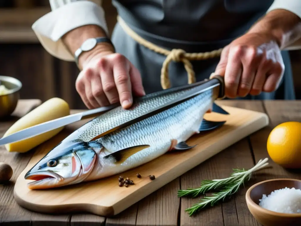 Un chef vikingo experto deshuesando un pez, rodeado de utensilios y ingredientes