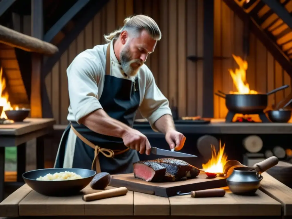 Un chef vikingo prepara un festín en una casa larga, mostrando técnicas culinarias vikingas históricas