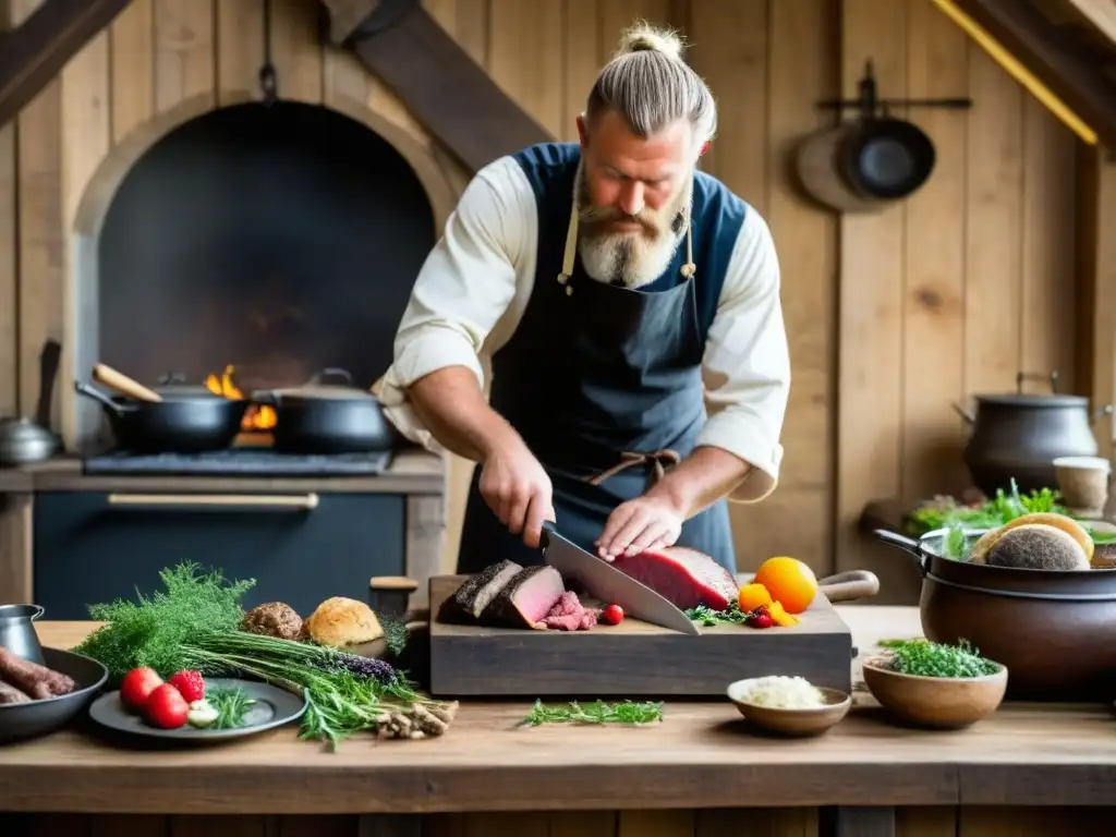 Chef vikingo preparando festín con caza y recolección en cocina rústica