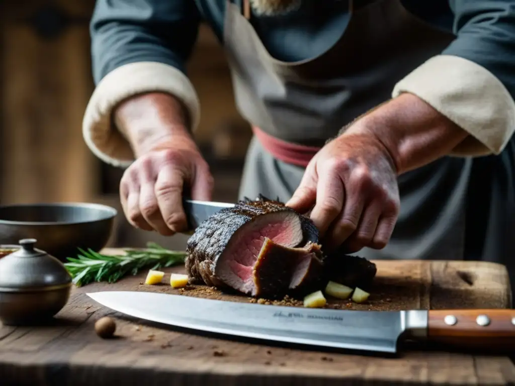Un chef vikingo prepara con maestría un jabalí para un festín, destacando herramientas e ingredientes tradicionales