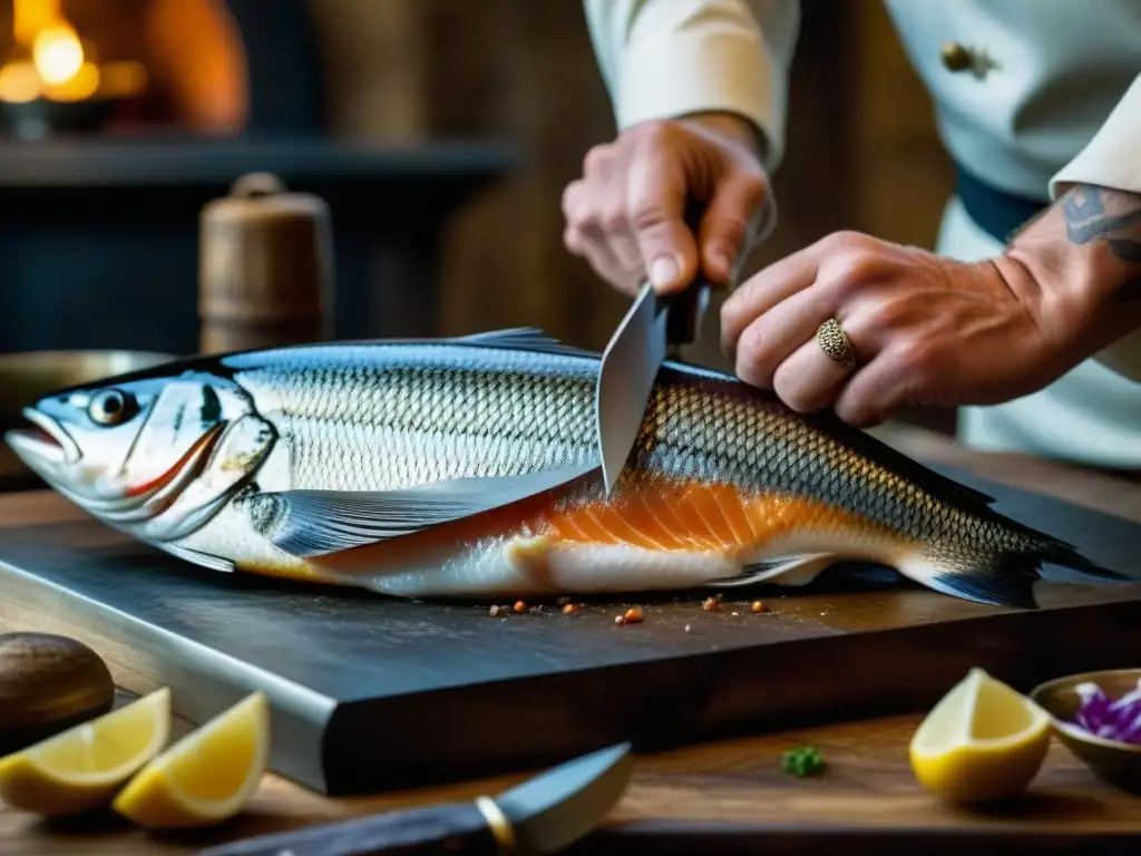 Un chef vikingo fileteando pescado con precisión, rodeado de herramientas antiguas