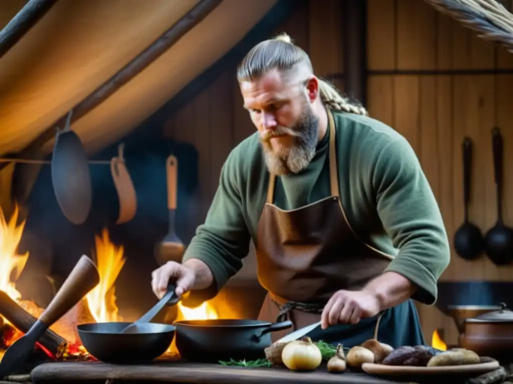 Un chef vikingo prepara una receta histórica en una cocina de casa larga, con utensilios y ingredientes auténticos