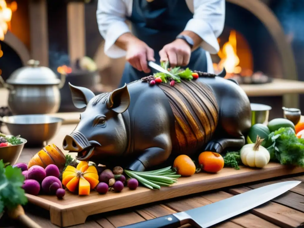 Un chef vikingo talla un jabalí asado en un festín con vegetales y frutas, rodeado de decoraciones nórdicas en una mesa de madera