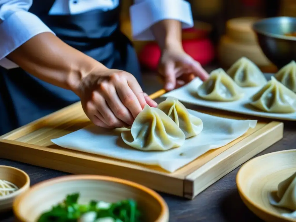 Un chef hábil crea dumplings Xi'an en un mercado antiguo, mostrando recetas históricas de la Ruta de la Seda