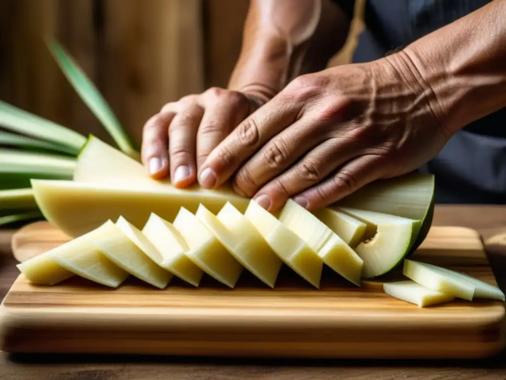 Un chef corta meticulosamente una yuca fresca en una tabla de cortar, destacando sus texturas