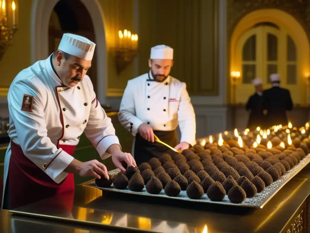 Chefs en trajes imperiales rusos seleccionando trufas en opulenta cocina zarista