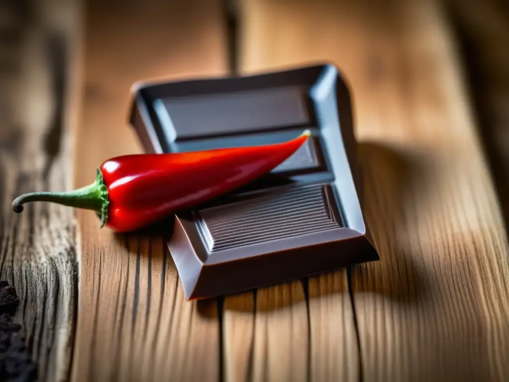 Chiles y Chocolate Prehispánico: Detalle vibrante de chile rojo y chocolate negro sobre madera rústica